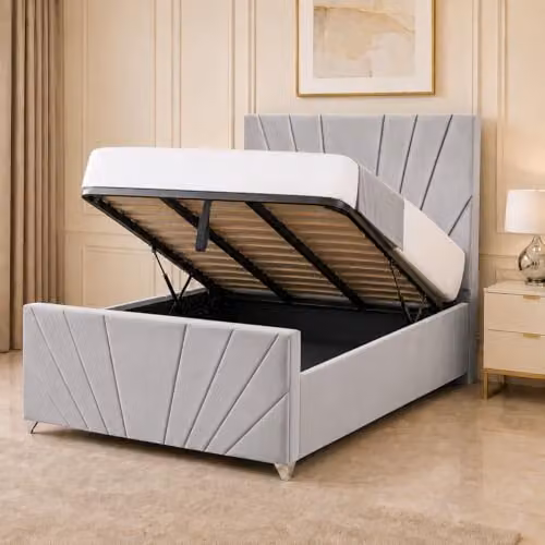 Living Comfort Bedz Sunrise Bed in Silver Plush Velvet with Gas Lift Base, W/D/H: 200 x 160 x 127 cm