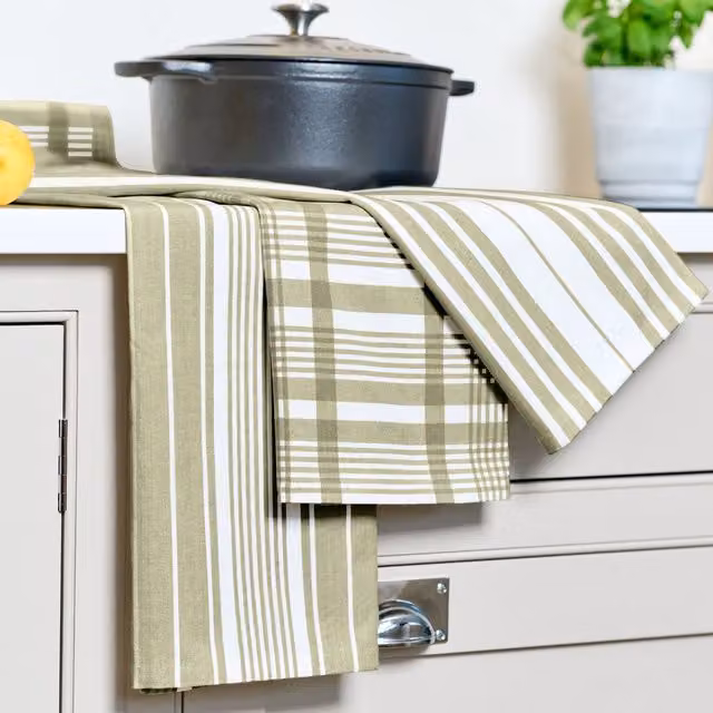 Dexam Set of 3 Green Striped Cotton Tea Towels