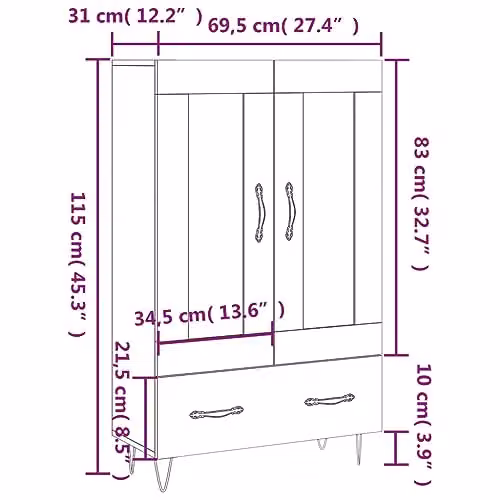 vidaXL Highboard in Smoked Oak, Brown Engineered Wood, W/D/H: 69.5 x 31 x 115 cm – 3