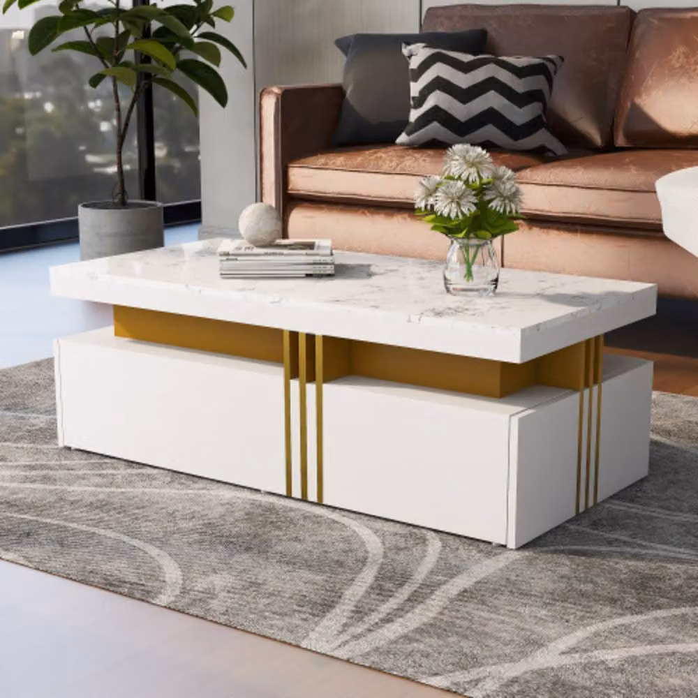 BTM White Glossy TV Stand and Coffee Table Set with 5 Drawers – 3