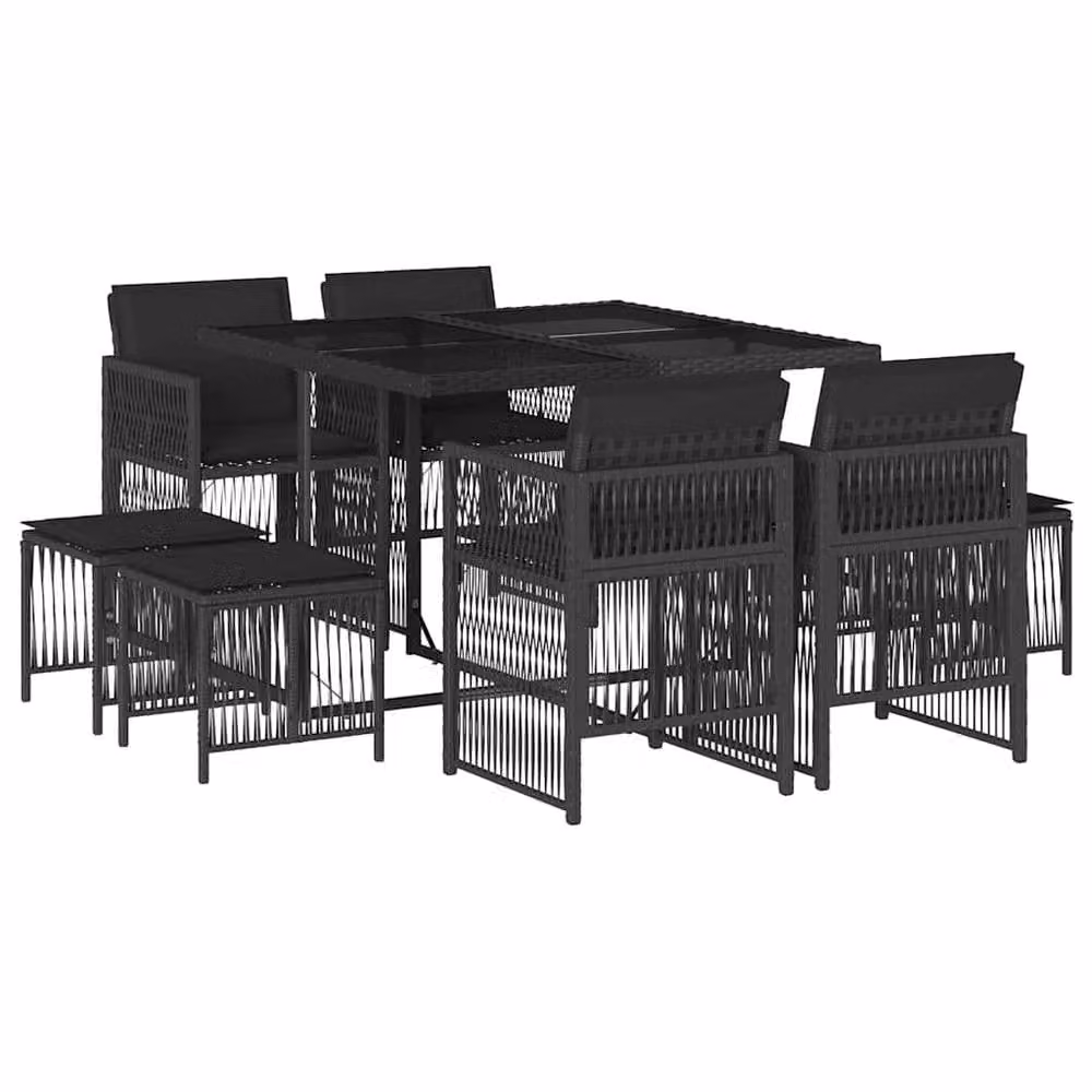 Berkfield Home 9 Piece Black Poly Rattan Garden Dining Set with Cushions and Glass Top – 2
