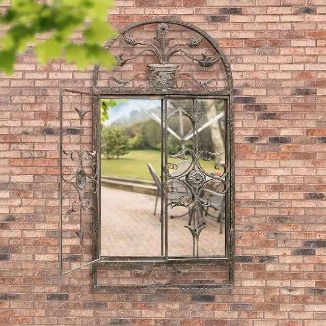 MirrorOutlet Dorset Rustic Scroll Large Garden Mirror in Bronze, H 132 cm x W 130 cm