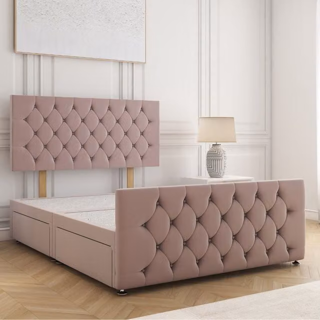 BSSPOKE Maya Velvet Divan Bed with 24 inch Headboard and 2 Drawers in Pink, Double, W/D/H: 140 x 200 cm