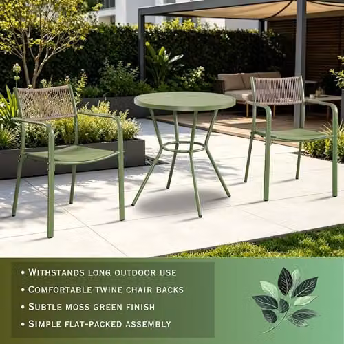 Core Products 3-Piece Bistro Garden Set with Two Rope-Effect Armchairs and Round Metal Table in White or Green – 2