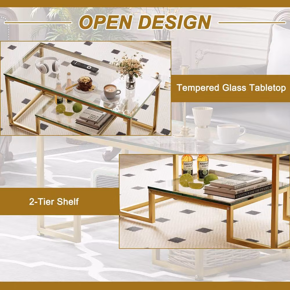 Huhote Modern Rectangular Glass Coffee Table with Gold Metal Frame – 6