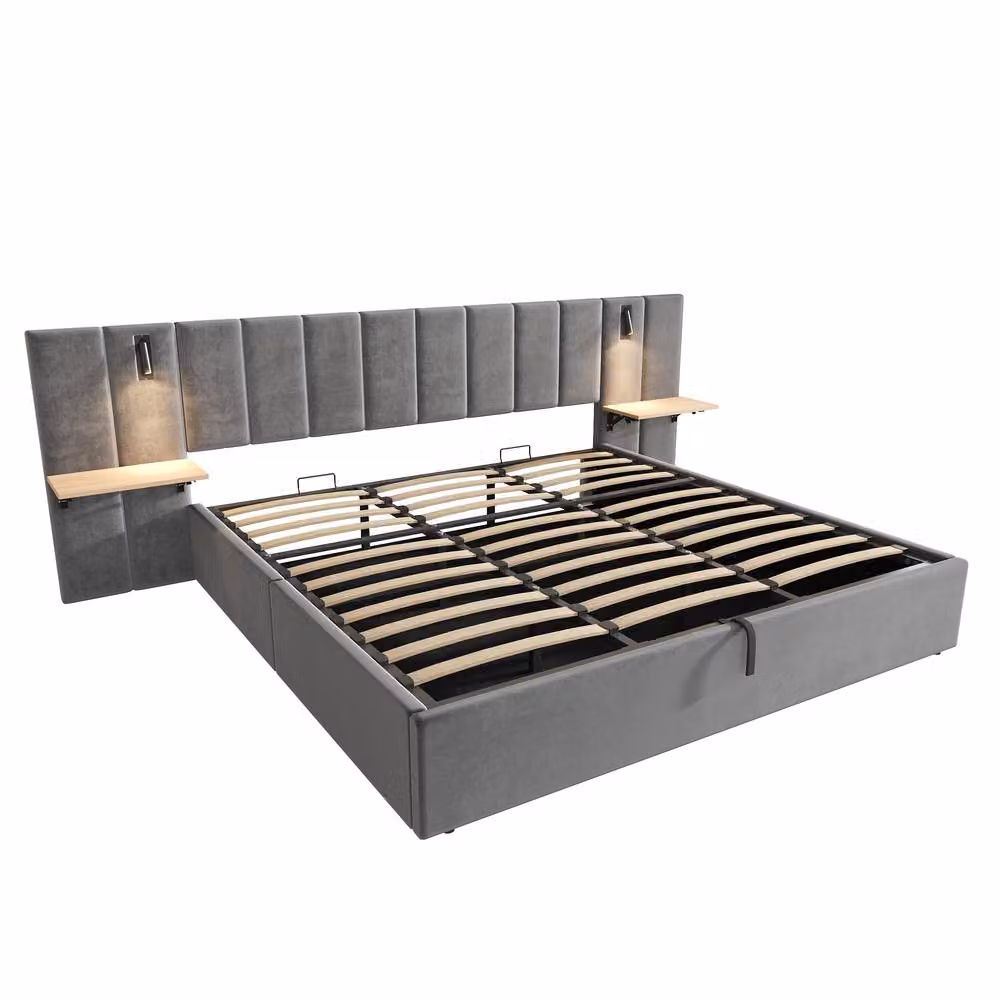 Rolipo Super King Velvet Upholstered Bed in Grey with USB Charging, Reading Light and Hydraulic Storage, W/D/H: 180 x 200 cm – 5