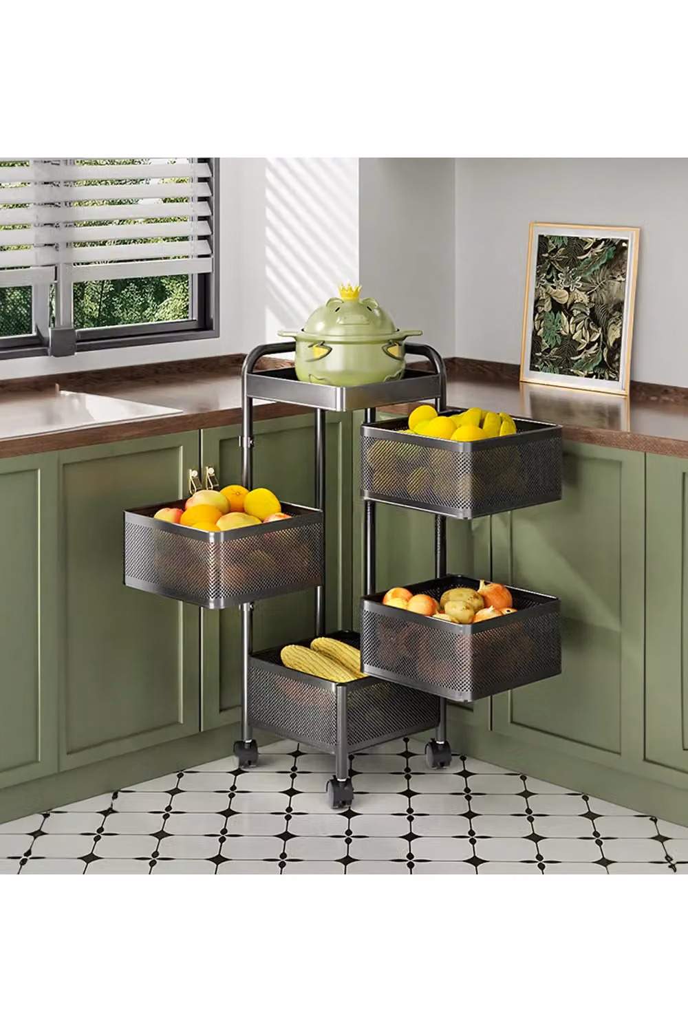 Living and Home 5-Tier Rotating Metal Storage Rack and Detachable Trolley Cart in Matt Black – 2