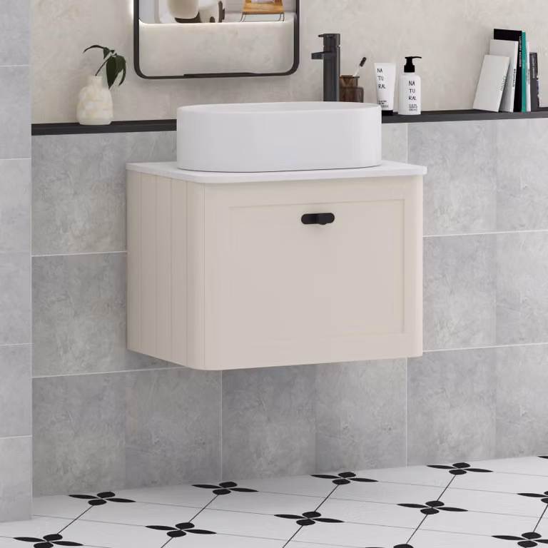 Royal Bathrooms Henley 600mm Mushroom Cashmere Wall Hung Vanity Unit with 1 Drawer, Plain White Worktop, Peak Basin and Matt Black Knob