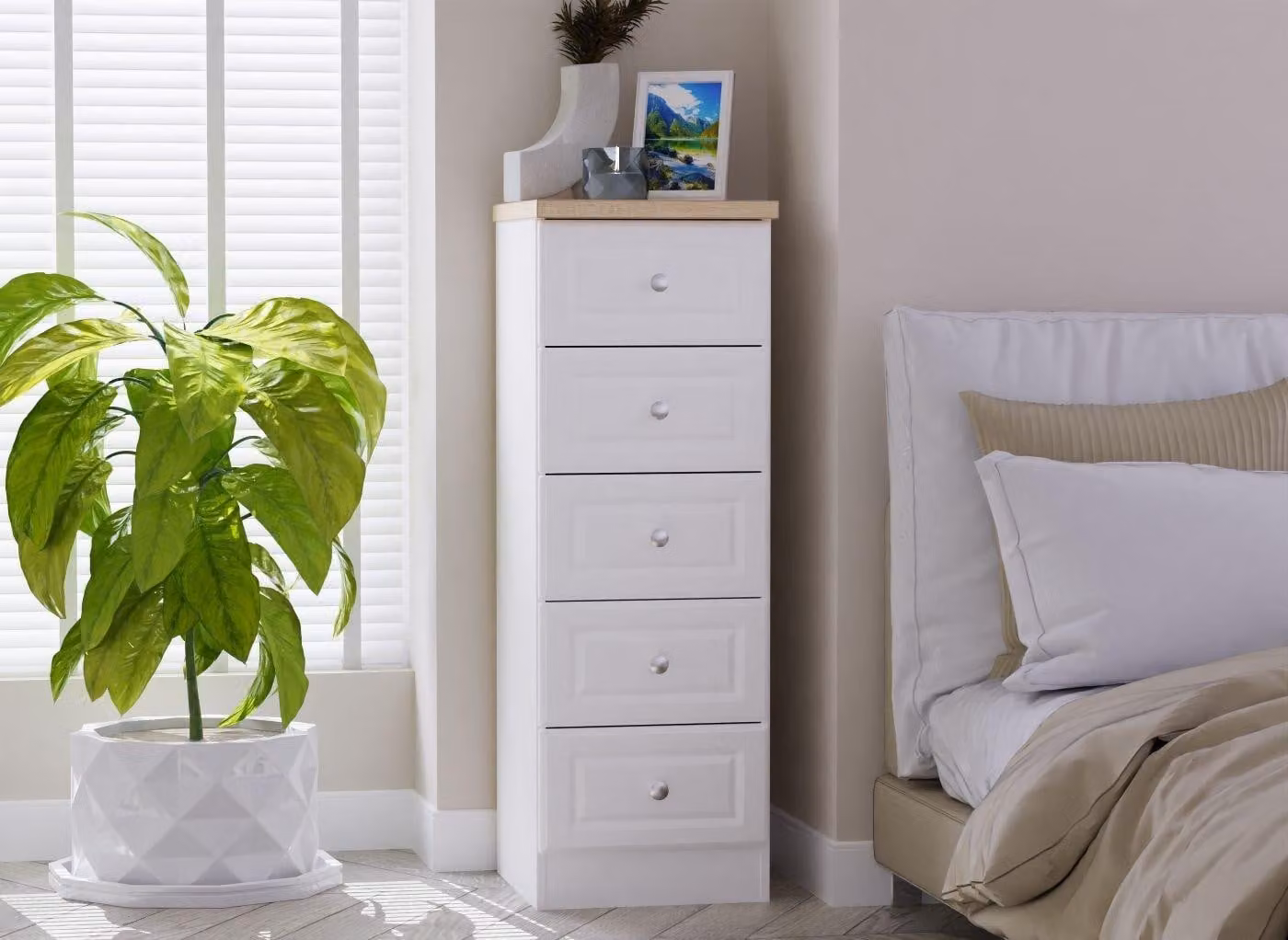 Texas 5-Drawer Tall Boy Oak White Chest with Soft Close Drawers