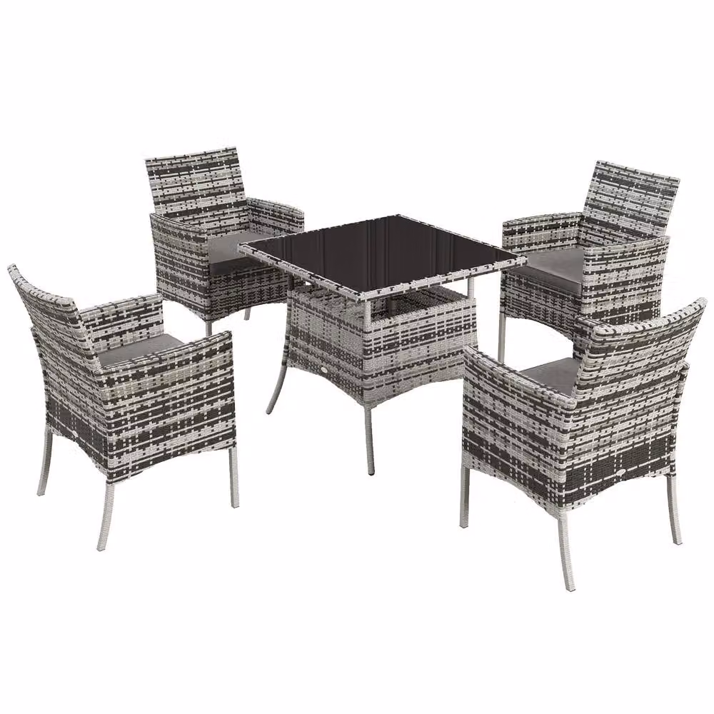 STILVORA 5-Piece Dining Set with Rattan Design, Glass and Metal in Grey – 3