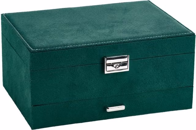 Livingandhome 3-Tier Green Velvet Jewellery Box with Lid and Lock