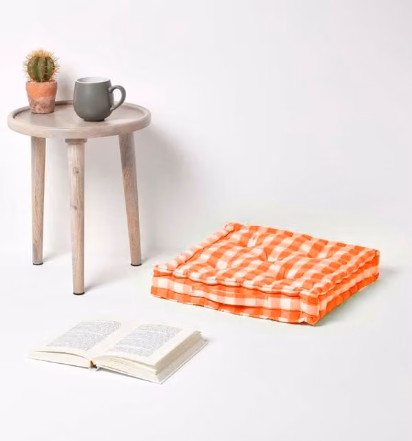 Homescapes Cotton Block Check Floor Cushion, Orange, W/D/H: 50 x 50 x 50 cm