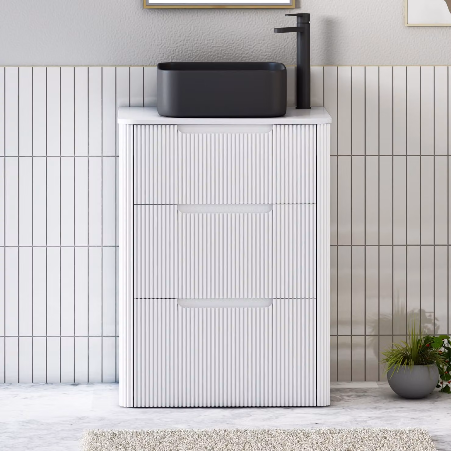 Royal Bathrooms Avenza 600mm Matt White Floor Standing 3 Drawer Vanity Unit with Art Square Basin