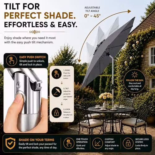 GlamHaus Tilting Garden Parasol Umbrella in Grey with UPF 40 Protection and Cover – 5