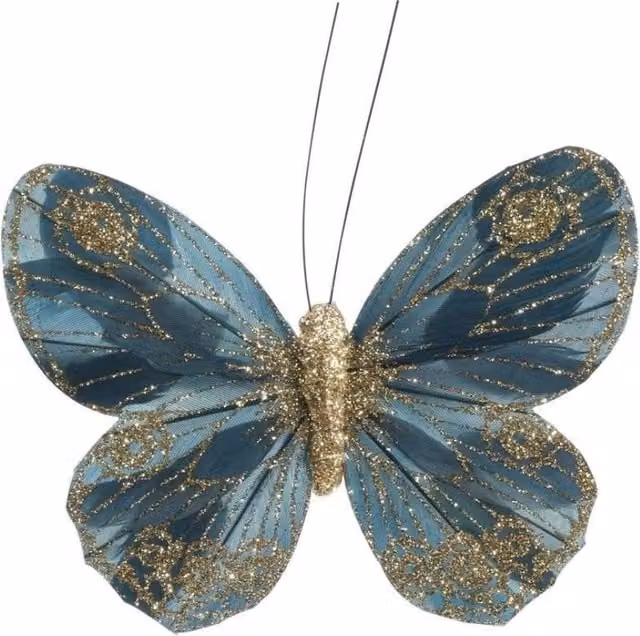 KDMD 12 Pack Petrol Green Feather and Glitter Butterfly Decorations, 12 cm