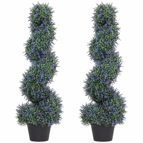 HOMCOM Set of 2 Artificial Lavender Spiral Topiary Trees in Pots, Purple, Height: 90 cm