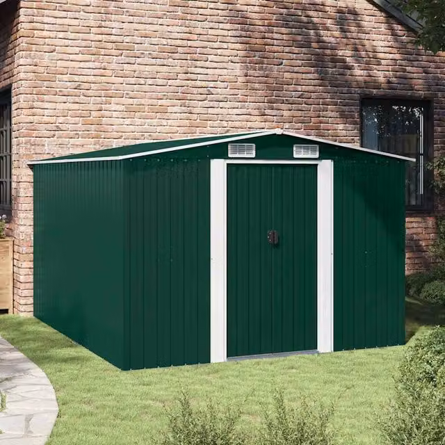 Berkfield Home Green Metal Garden Shed with Sliding Gable Doors, W/D/H: 257 x 298 x 178 cm – 1