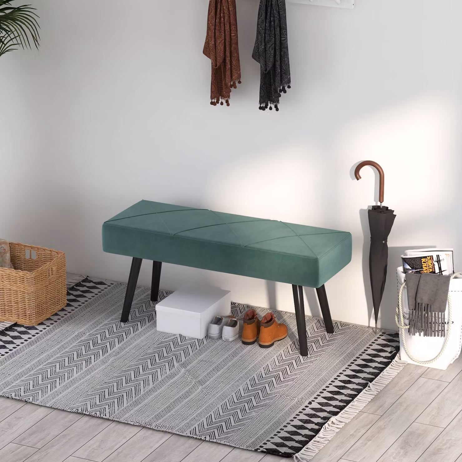 HOMCOM Green Velvet Bedroom Bench with Metal Legs and Geometric Design, W: 120 cm, D: 45 cm, H: 45 cm – 8