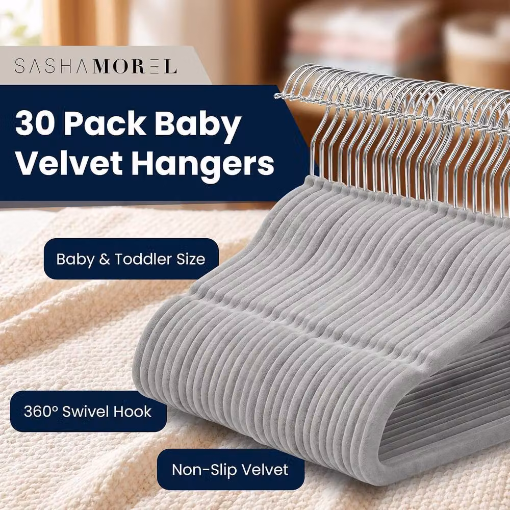Sasha Morel Grey Velvet Baby Clothes Hangers with Swivel Hooks, 30 Pack – 2