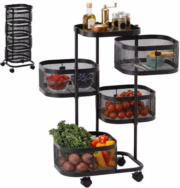 SPETLEK Metal Storage Cart with Top Tray and 4 Mesh Baskets in Black – 1