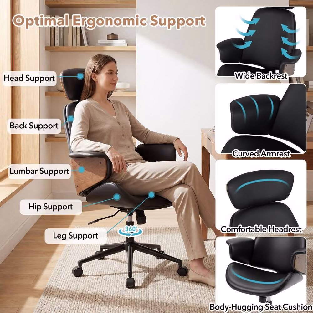 Costway Mid Century Modern Ergonomic Office Chair in Black Synthetic Leather with Headrest and Weight Adjustment – 5