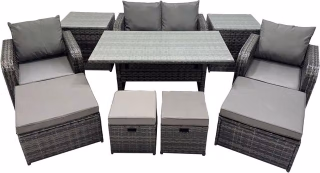 Fimous 8 Seat PE Rattan Outdoor Garden Furniture Set with Reclining Chairs and Tempered Glass Table in Dark Grey Mixed