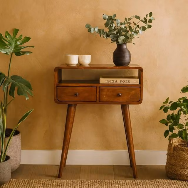 Wyld Haus Venzone Mini Console Table in Brown Mango Wood with 2 Drawers and Open Shelf – 1