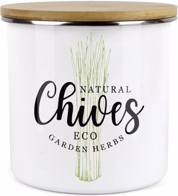 Purely Home Green Label Herbs Storage Canister - Chives - White and Green Enamel Ceramic