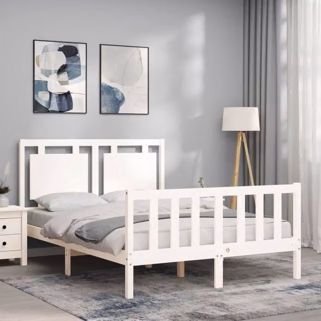 Berkfield Home Beautiful Bed Frame with Headboard in White Solid Pine Wood, W/D/H: 120 x 200 x 125.5 cm