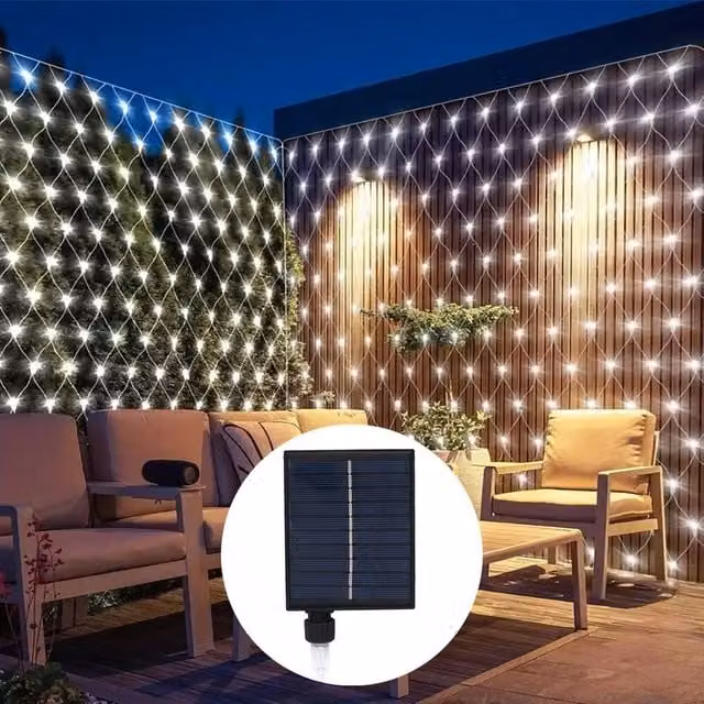 FLAVORA Solar LED Net Mesh Curtain Fairy String Lights in Black with Remote Control and Timer, Warm White – 1
