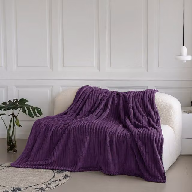 Velosso Purple Velvet Striped Throw Blanket, W: 200 cm, D: 240 cm