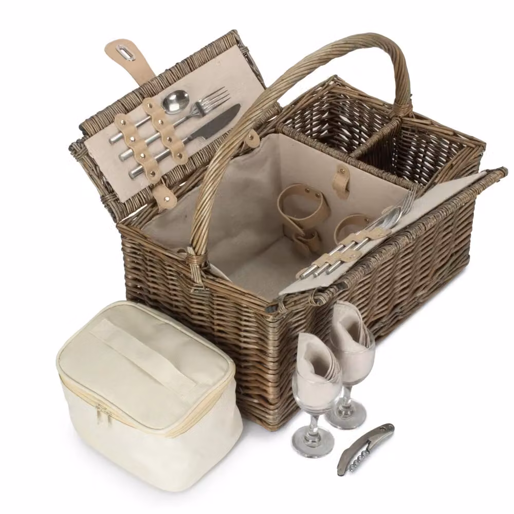 Red Hamper Deluxe Retro Double Lidded 2 Person Wicker Picnic Basket in Brown and Red – 2