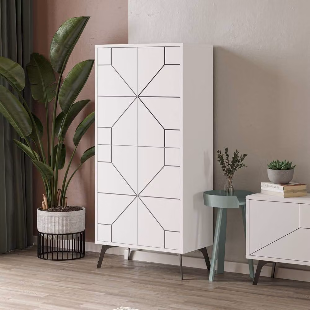 CALICOSY Modern High Sideboard with 4 White Doors and Black Accents in Dune, Height: 136 cm – 4