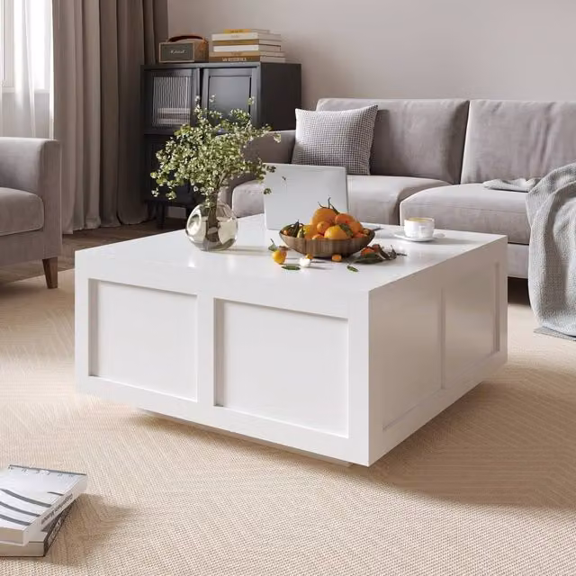 KEEPREAPER Modern Square Coffee Table with Hidden Storage and Glass Top in White