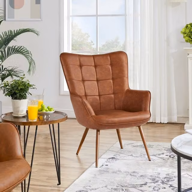 Yaheetech Mid-century Brown Synthetic Leather Accent Chair with Armrests