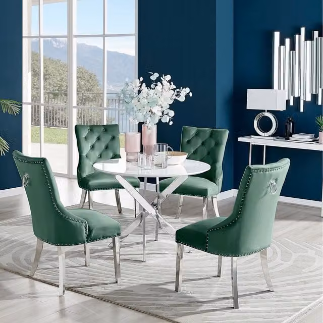 FurnitureboxUK Novara White High Gloss Round Dining Table and 4 Belgravia Chairs in Green