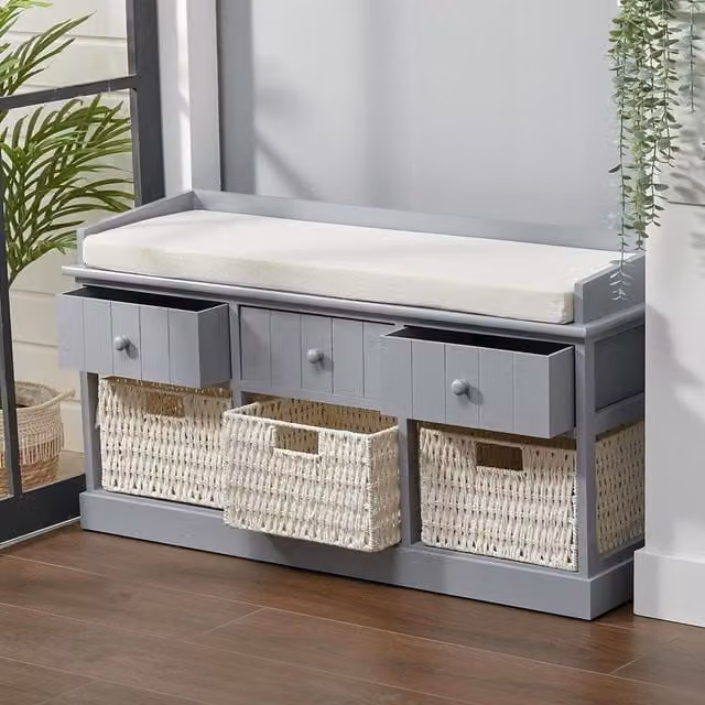 Livingandhome Grey Upholstered Hallway Bench with 3 Rattan Storage Baskets