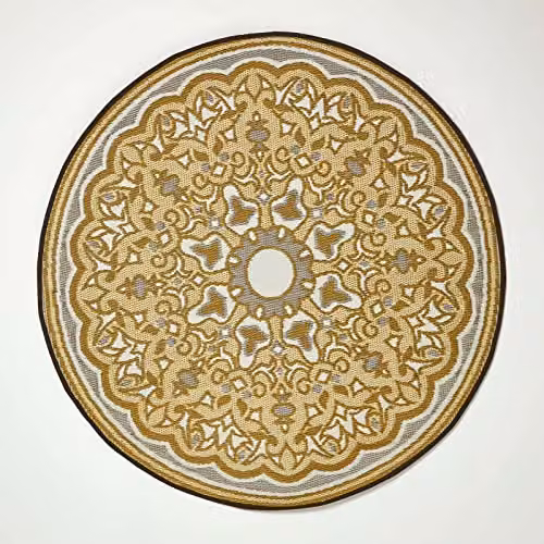 Homescapes Luxury Round Outdoor Rug, Grey and Yellow Geometric Woven Design, Diameter: 180 cm