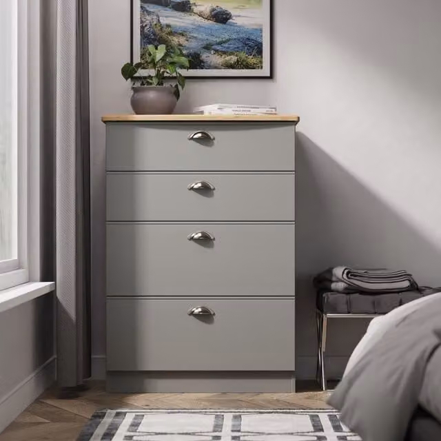 Victoria Ready Assembled 4 Drawer Deep Chest in Dusk Grey and Riviera Oak