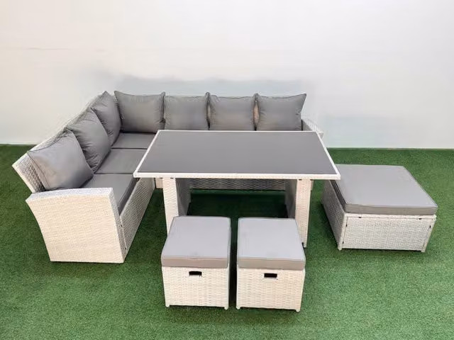 Fimous 9 Seater Wicker Rattan Corner Sofa Set with 3 Footstools in Light Grey