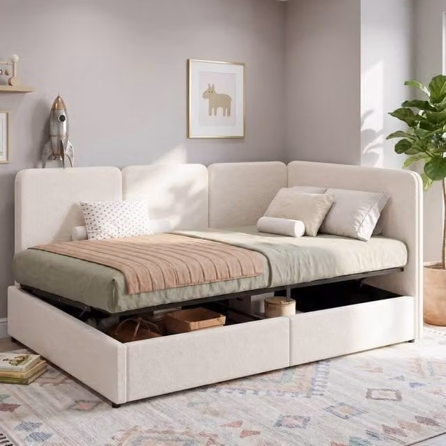 Matteo Upholstered Single Ottoman Daybed in Beige Bouclé Fabric, W/D/H: 190 x 90 x 90 cm