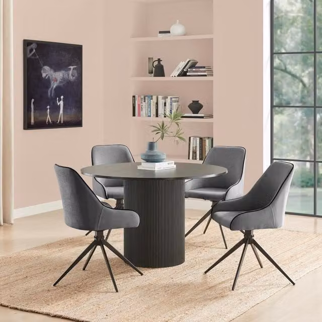 FurnitureboxUK Penrose Black Round Dining Table and 4 Beaumont Fabric Swivel Chairs Set