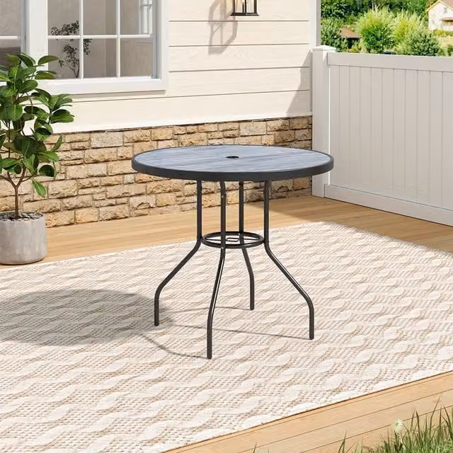Livingandhome Round Tempered Glass and Metal Garden Table in Grey and Black