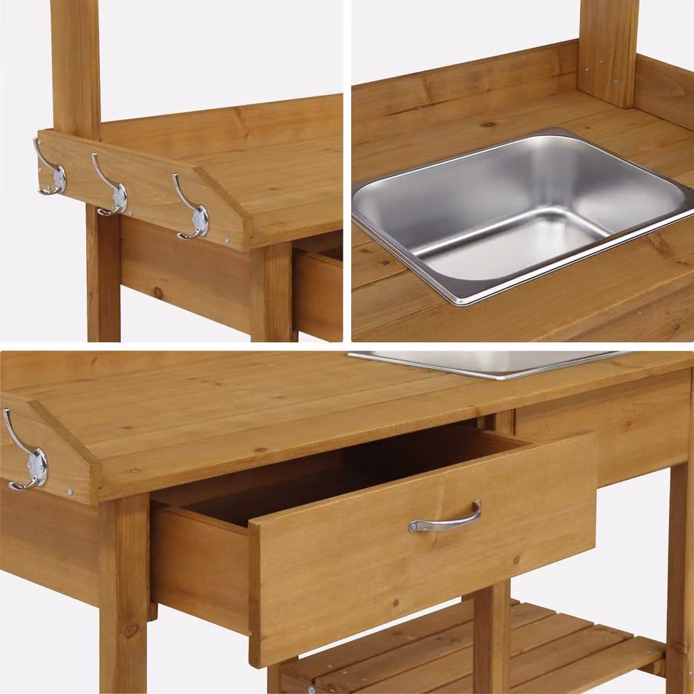 sweeek Wooden Potting Table in Light Brown, W/D/H: 121 x 45 x 117 cm – 3