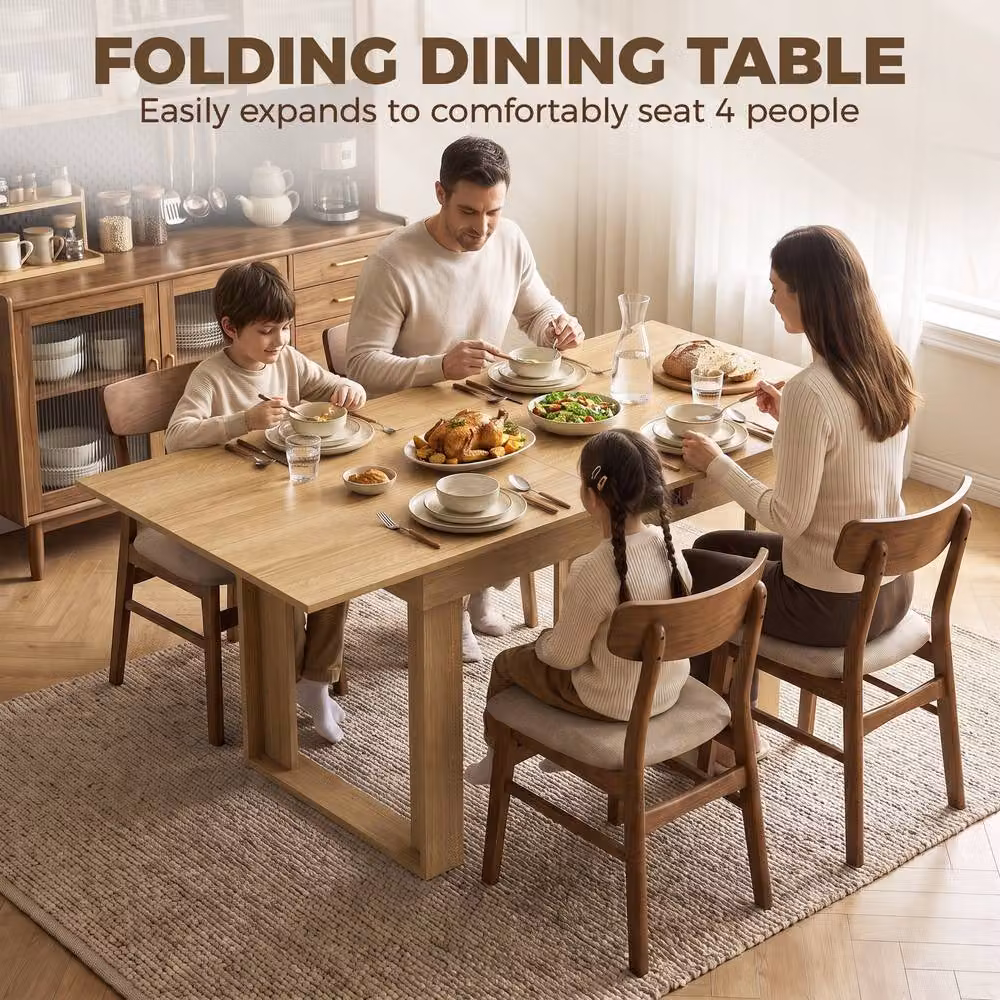 HOMCOM Folding Dining Table with Under-Table Storage in Oak Effect, Brown, W: 140 cm, D: 70 cm, H: 70 cm – 3