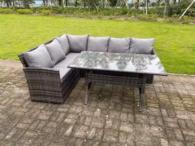 Fimous High Back Dark Mixed Grey Rattan Corner Sofa Set with Rectangular Dining Table for 6 People