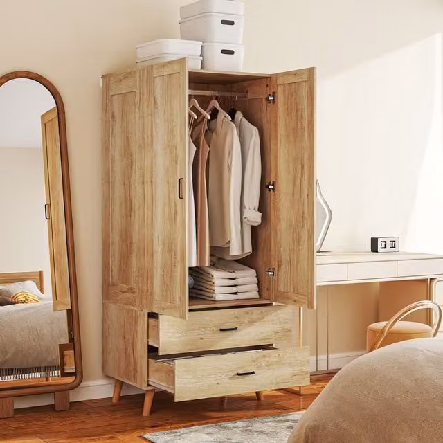 HOMCOM Modern 2 Door Wardrobe with 2 Internal Drawers and Hanging Rail, Brown, H 180 x W 80 x D 52 cm