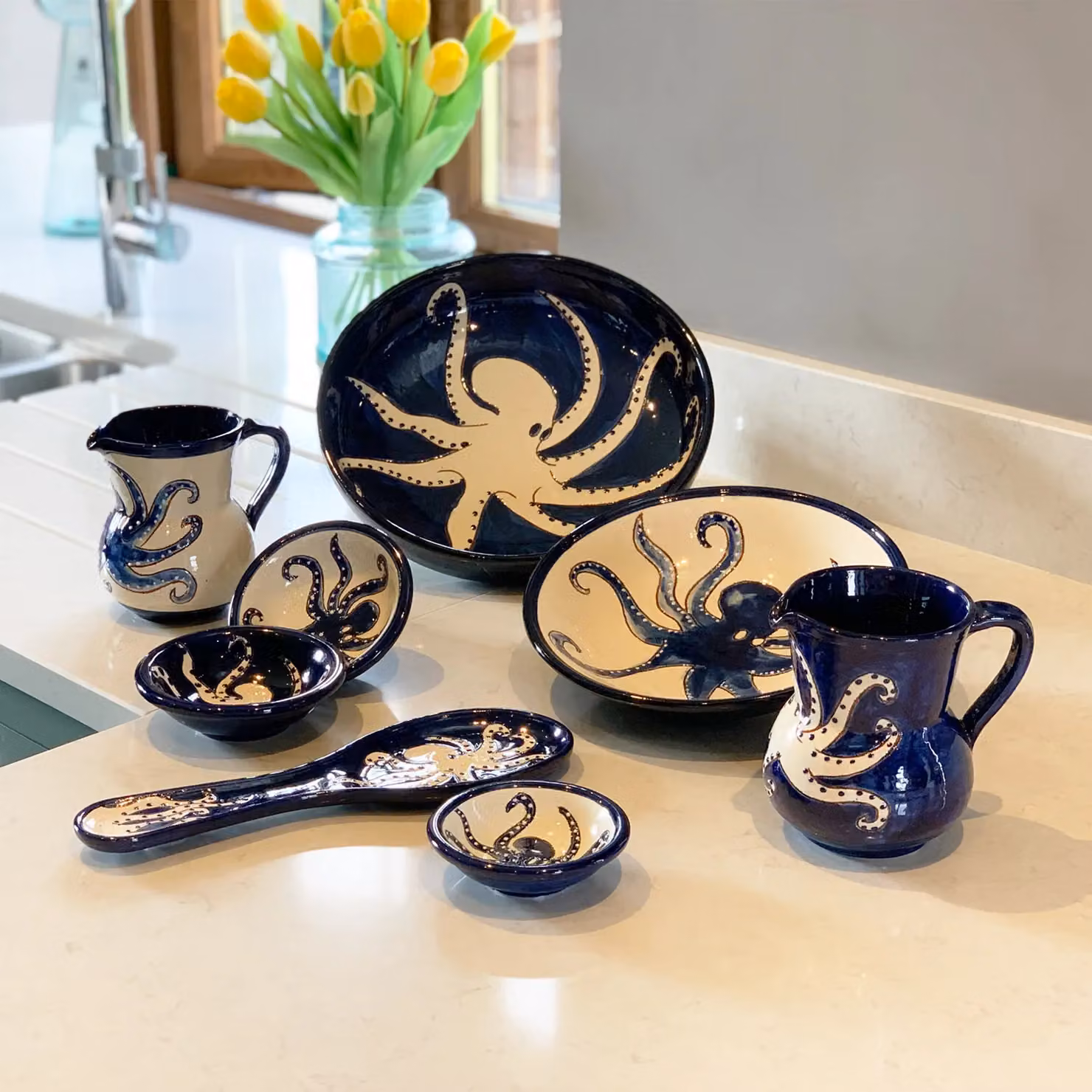 Verano Spanish Ceramics Blue and White Hand Painted Octopus Ceramic Utensil Spoon Rest, 28 cm – 3