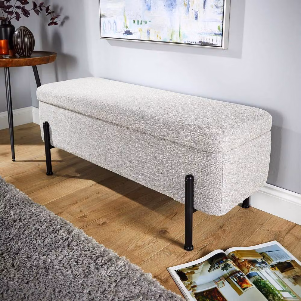 Home Source Grey Bouclé and Velvet Storage Ottoman Seat with Metal Legs – 2