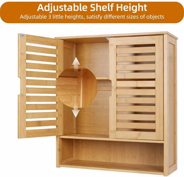 VOGREX Beige Wooden Freestanding or Wall-Mounted Cabinet with Glass Doors and Internal Shelves, W/D/H: 59 x 20.5 x 66.5 cm – 1